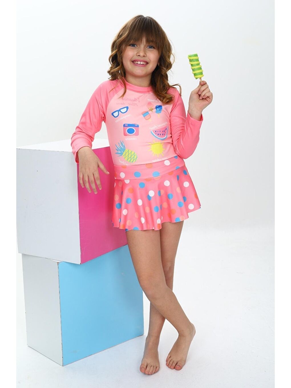 Pembe Kız Çocuk Şort Etekli Uzun Kollu Mayo Takımı 3-10 Yaş 12226-1