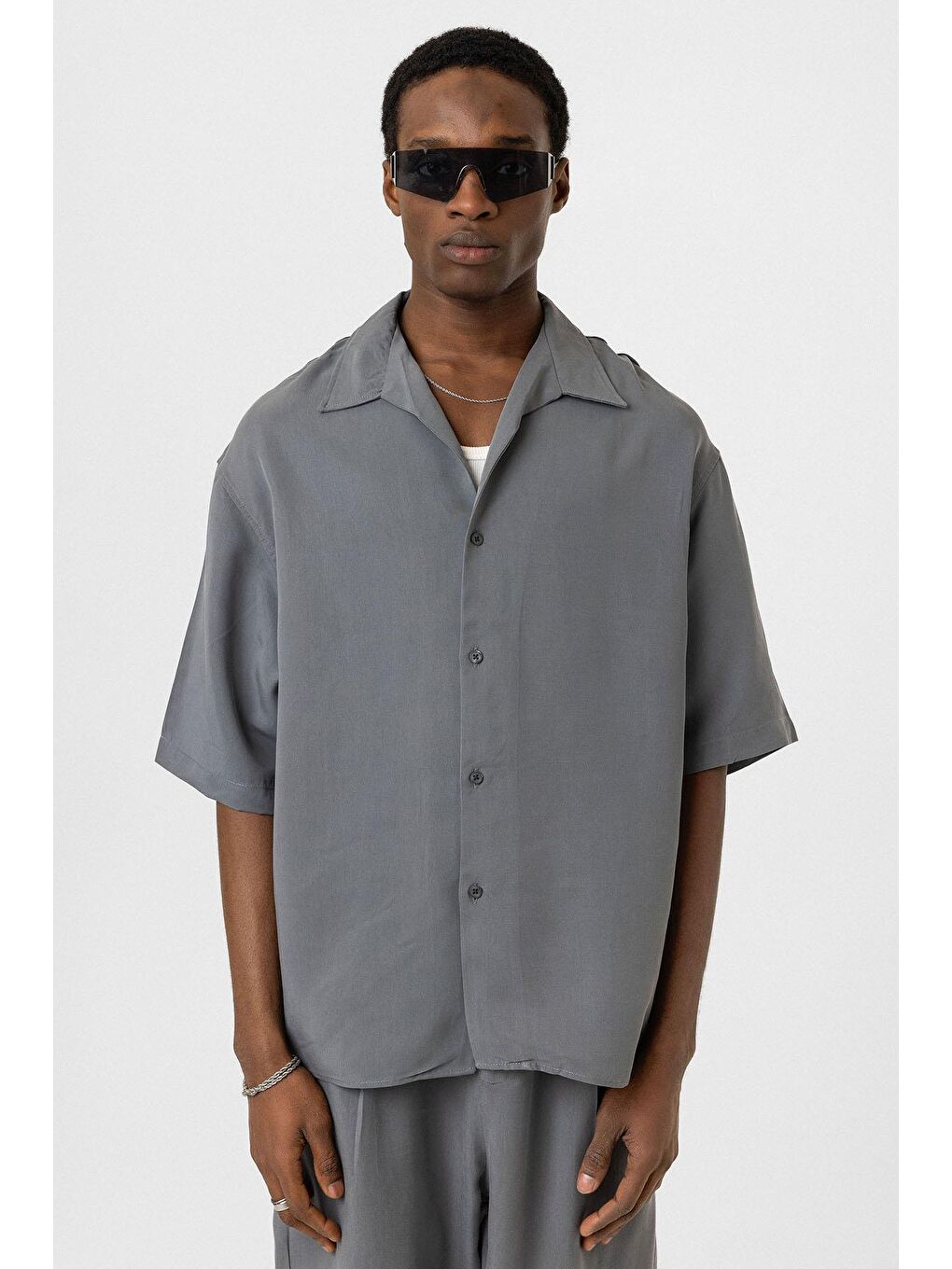 Oversize Lyocell Kumaş Gömlek Gri-2