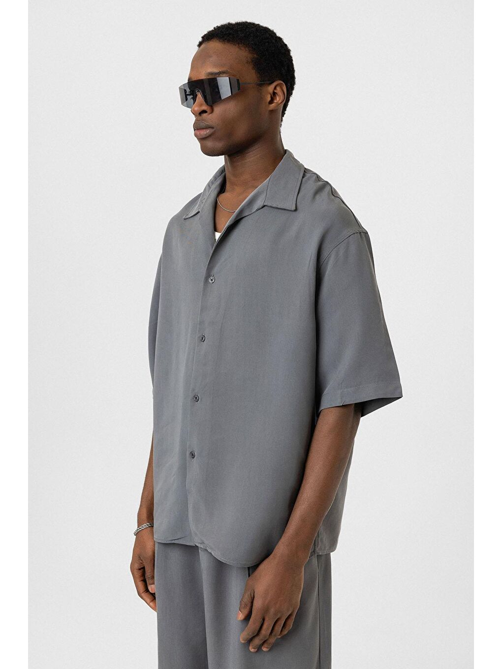 Oversize Lyocell Kumaş Gömlek Gri-3