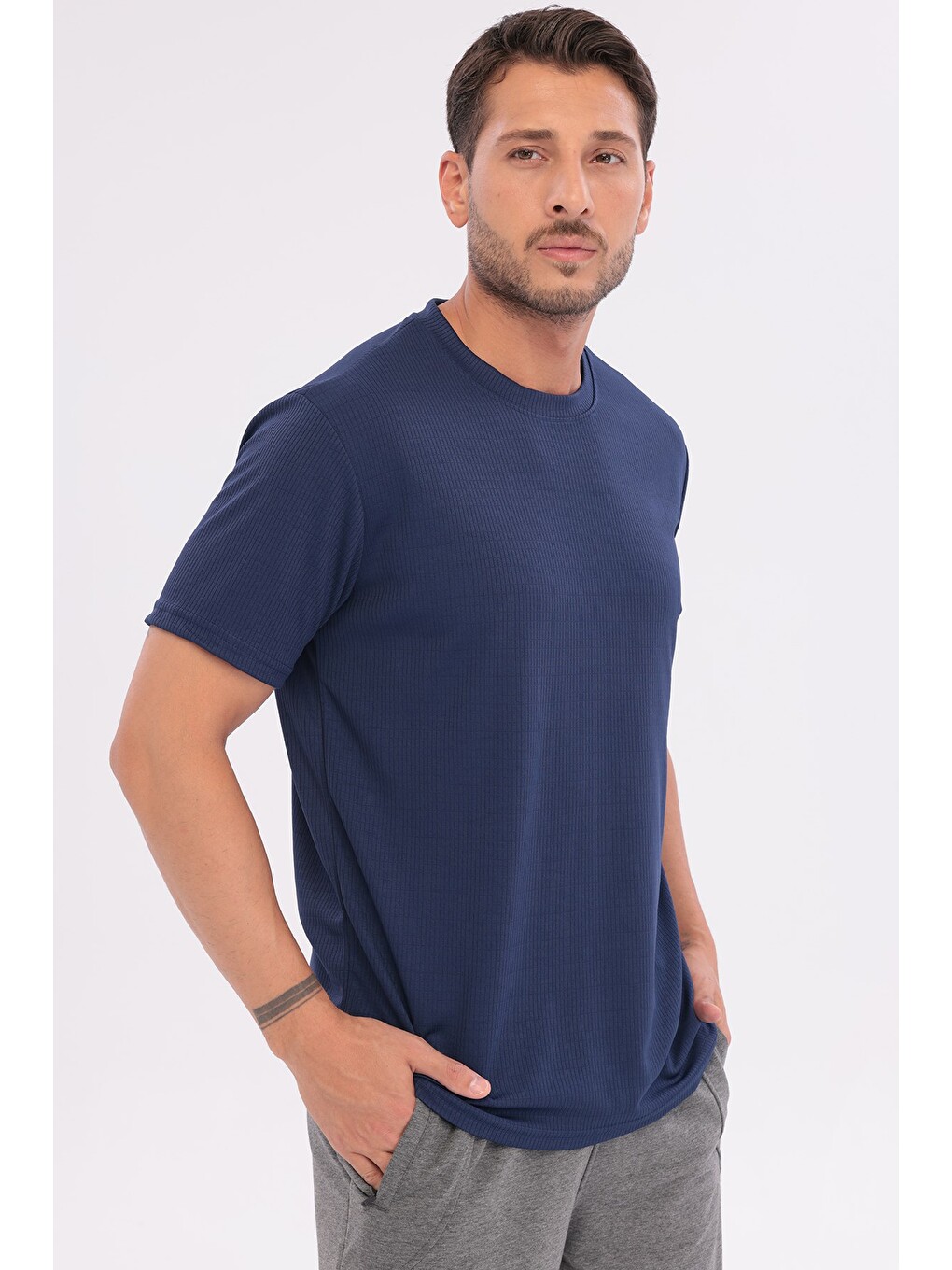 Erkek Sporcu Bisiklet Yaka T-shirt Lacivert-5017-2