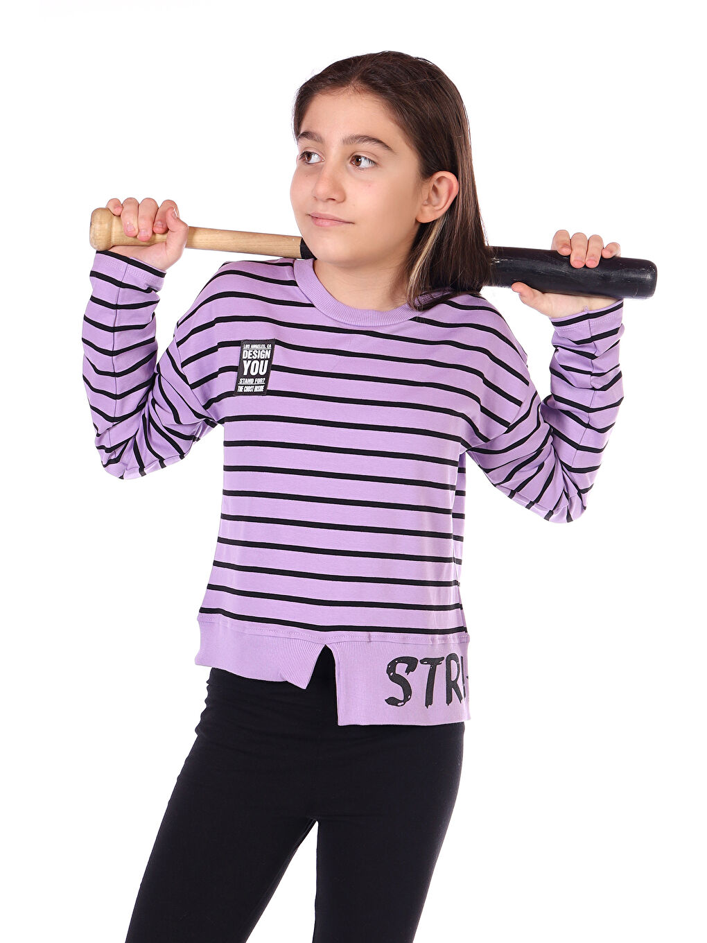 Lila Kız Çocuk Çizgili Striped Baskılı Sweatshirt