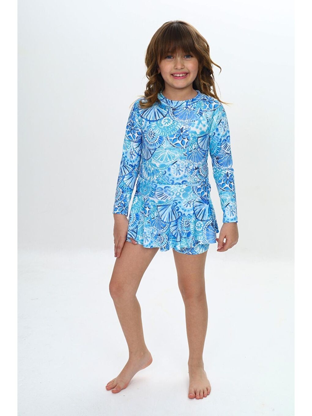 Mavi Kız Çocuk Şort Etekli Uzun Kollu Mayo Takımı 3-10 Yaş 12226