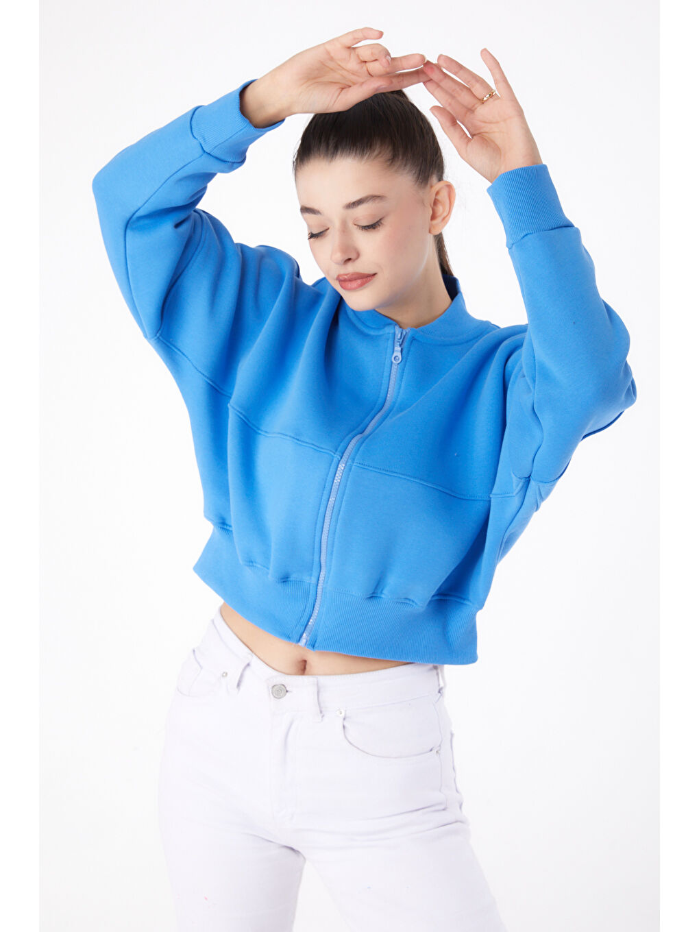 TOFİSA Düz Hakim Yaka Kadın Mavi Fermuarlı Crop Sweatshirt - 26274