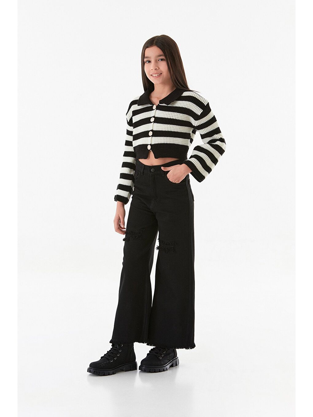 Siyah Beli Ayarlanabilir Yırtık Detaylı Kız Çocuk Palazzo Pantolon