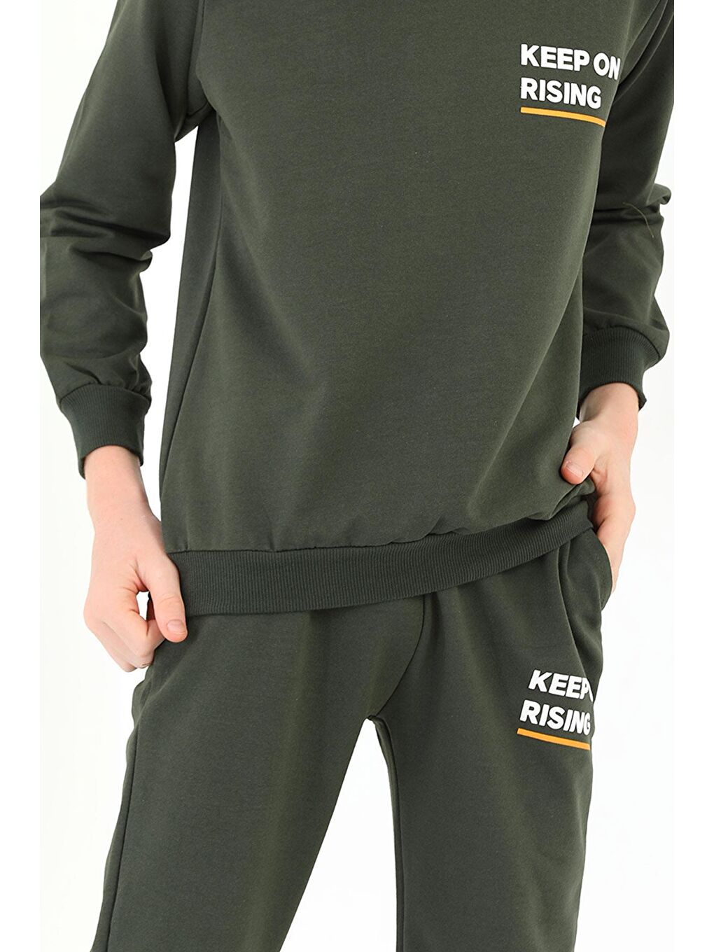 Bisiklet Yaka Uzun Kol Keep On Rısıng Baskılı Haki Renk Erkek Çocuk Esofman Takım-3