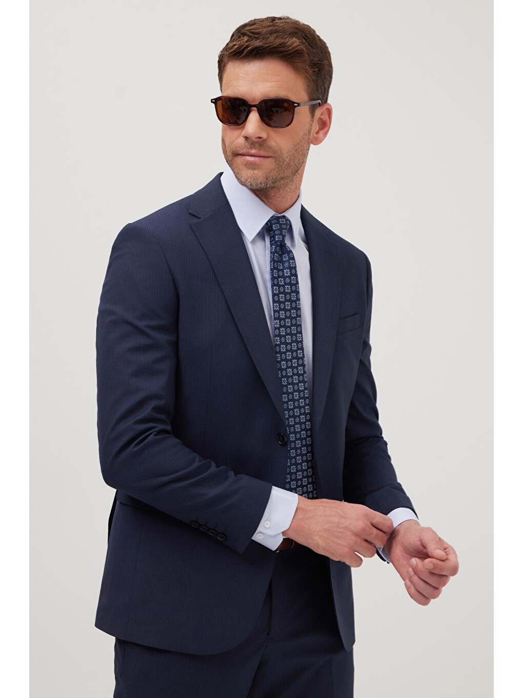 Erkek Slim Fit Mono Yaka Elastanlı Esnek Kumaş Lacivert Takım Elbise-4