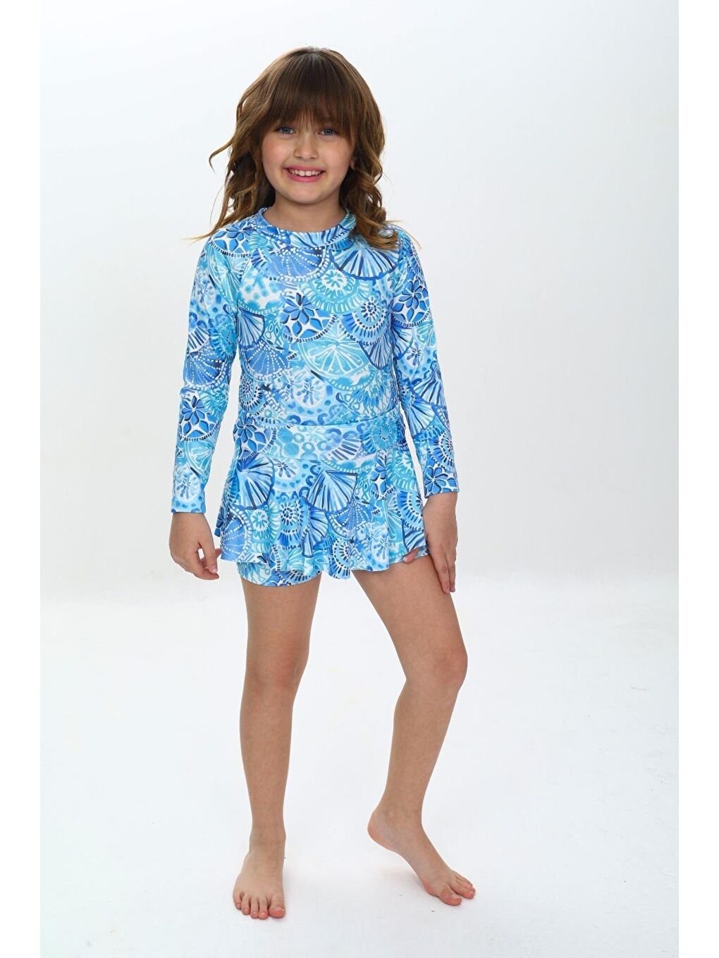 Mavi Kız Çocuk Şort Etekli Uzun Kollu Mayo Takımı 3-10 Yaş 12226-1