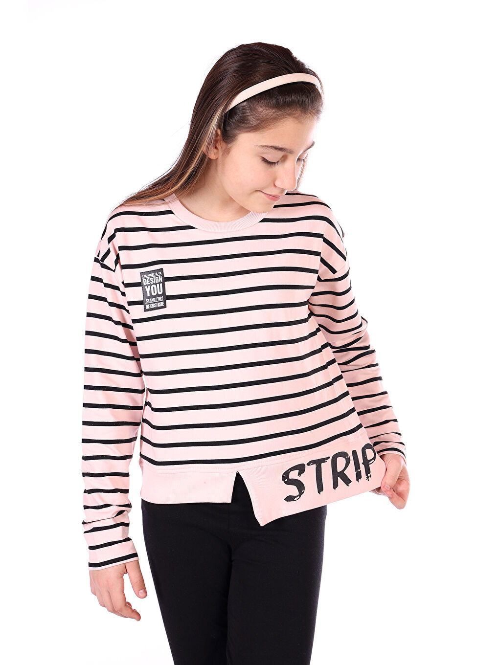 Pembe Kız Çocuk Çizgili Striped Baskılı Sweatshirt-1
