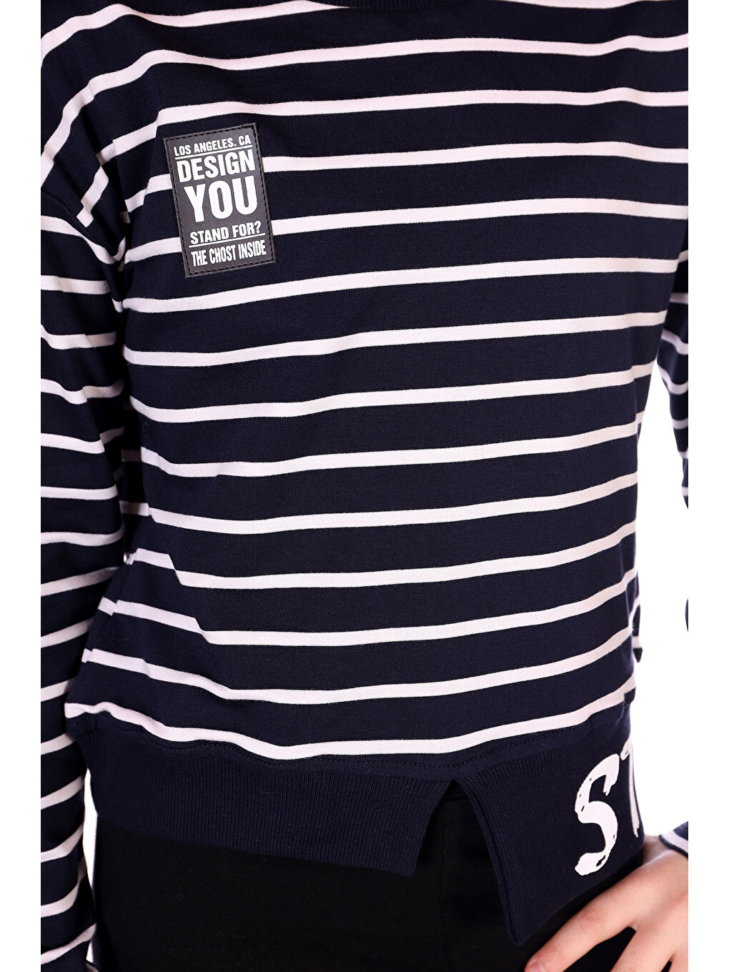Lacivert Kız Çocuk Çizgili Striped Baskılı Sweatshirt-1