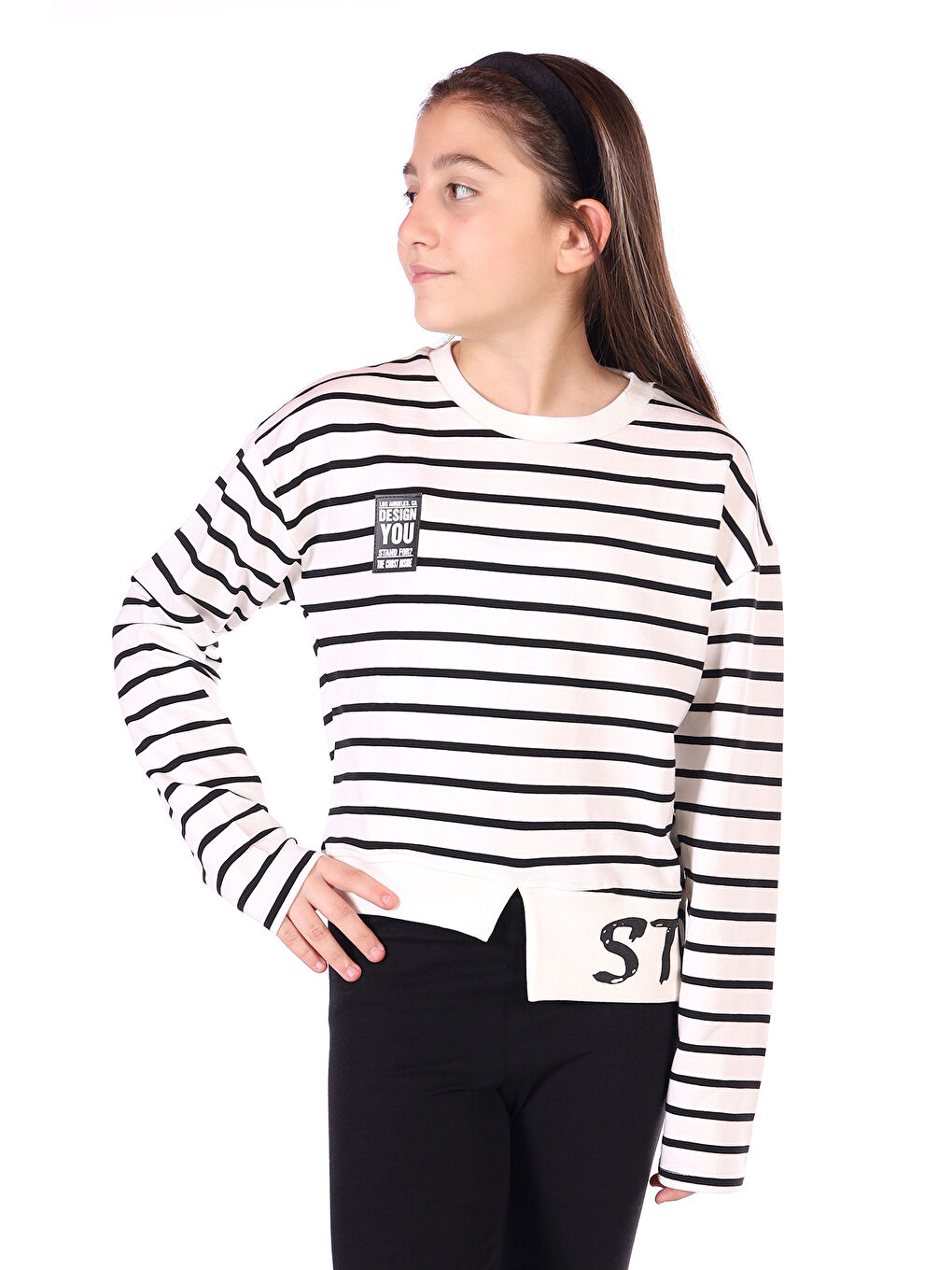 Beyaz Kız Çocuk Çizgili Striped Baskılı Sweatshirt
