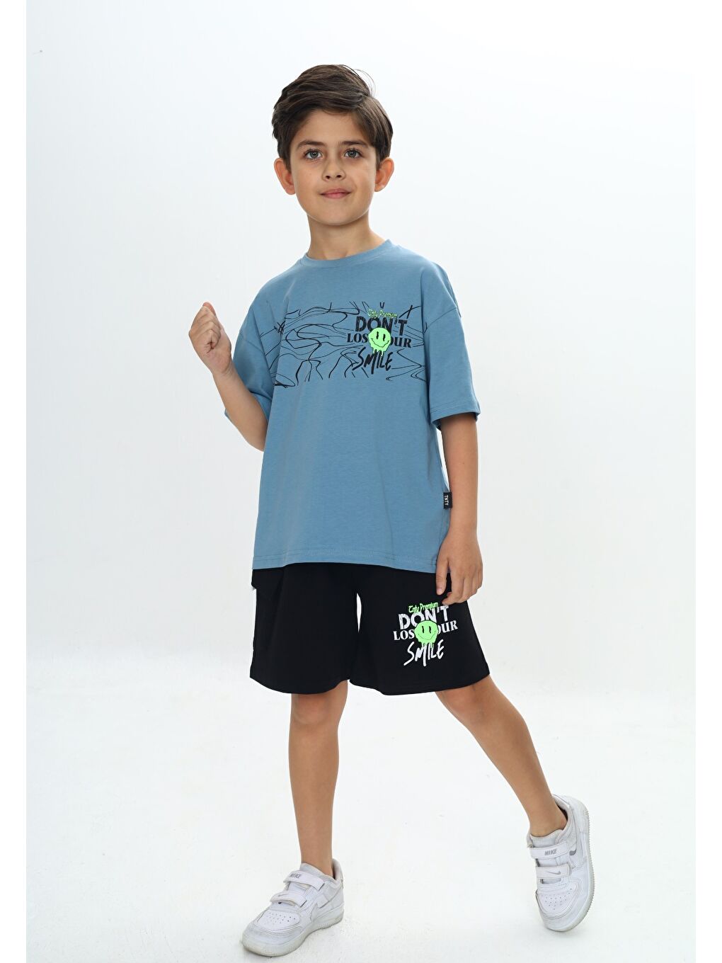 Mavi Erkek Çocuk Smile Yazı Baskılı Şortlu Takım-1