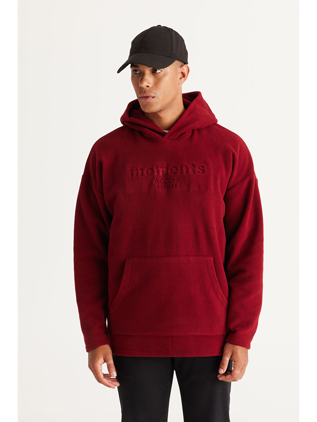 Erkek Bordo Oversize Bol Kesim Kapüşonlu Kanguru Cepli Sweatshirt Polar-1