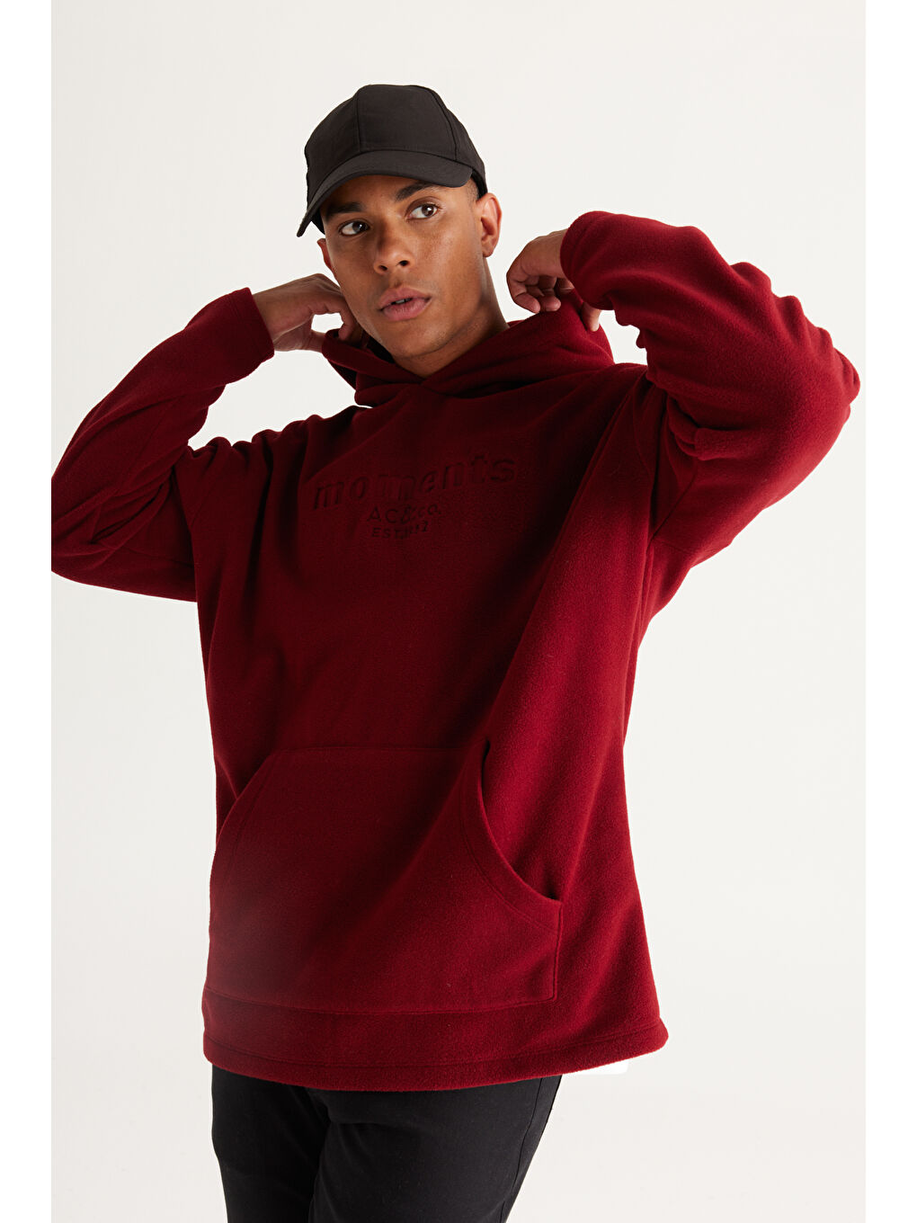 Erkek Bordo Oversize Bol Kesim Kapüşonlu Kanguru Cepli Sweatshirt Polar-2