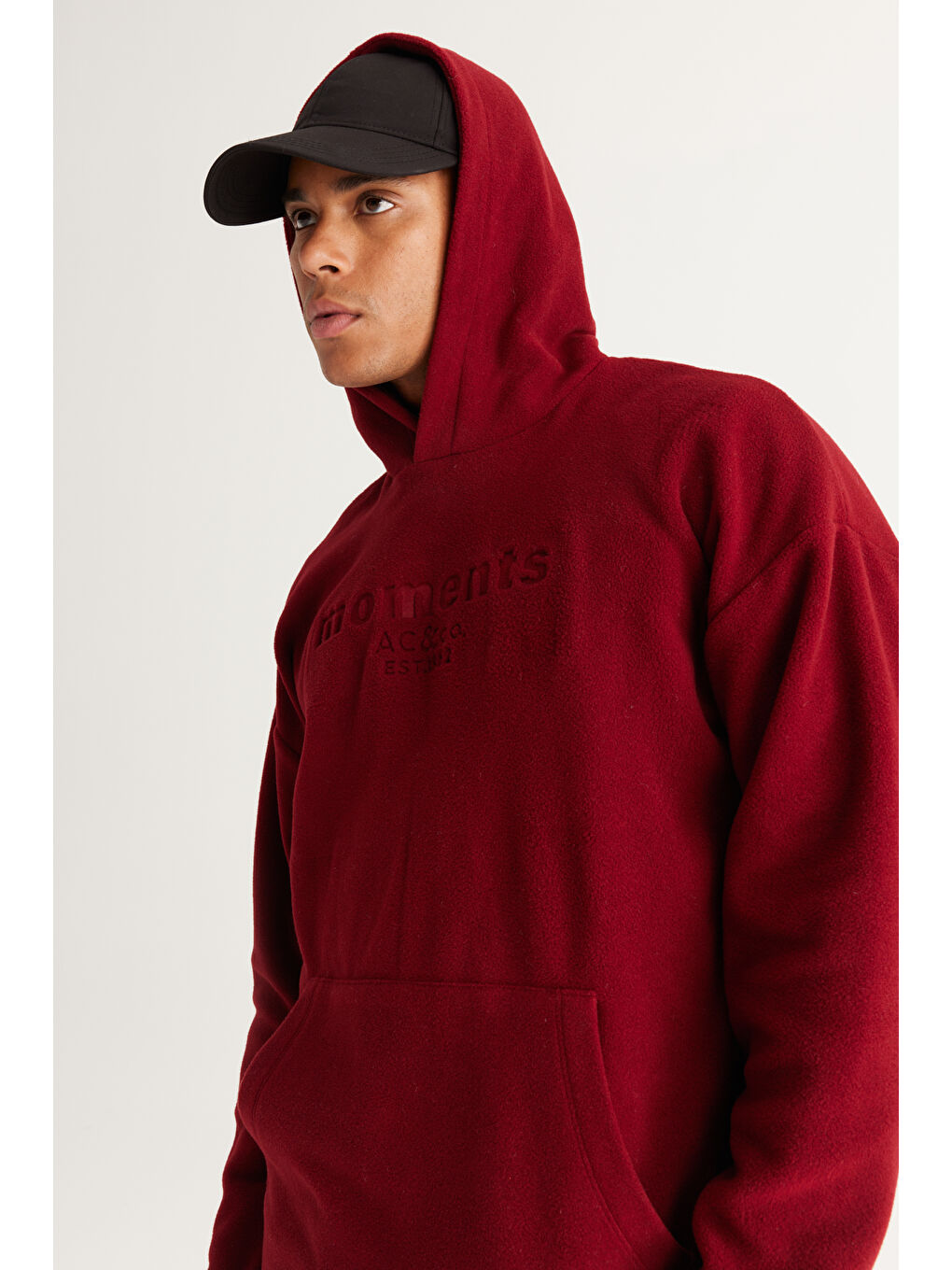 Erkek Bordo Oversize Bol Kesim Kapüşonlu Kanguru Cepli Sweatshirt Polar-3