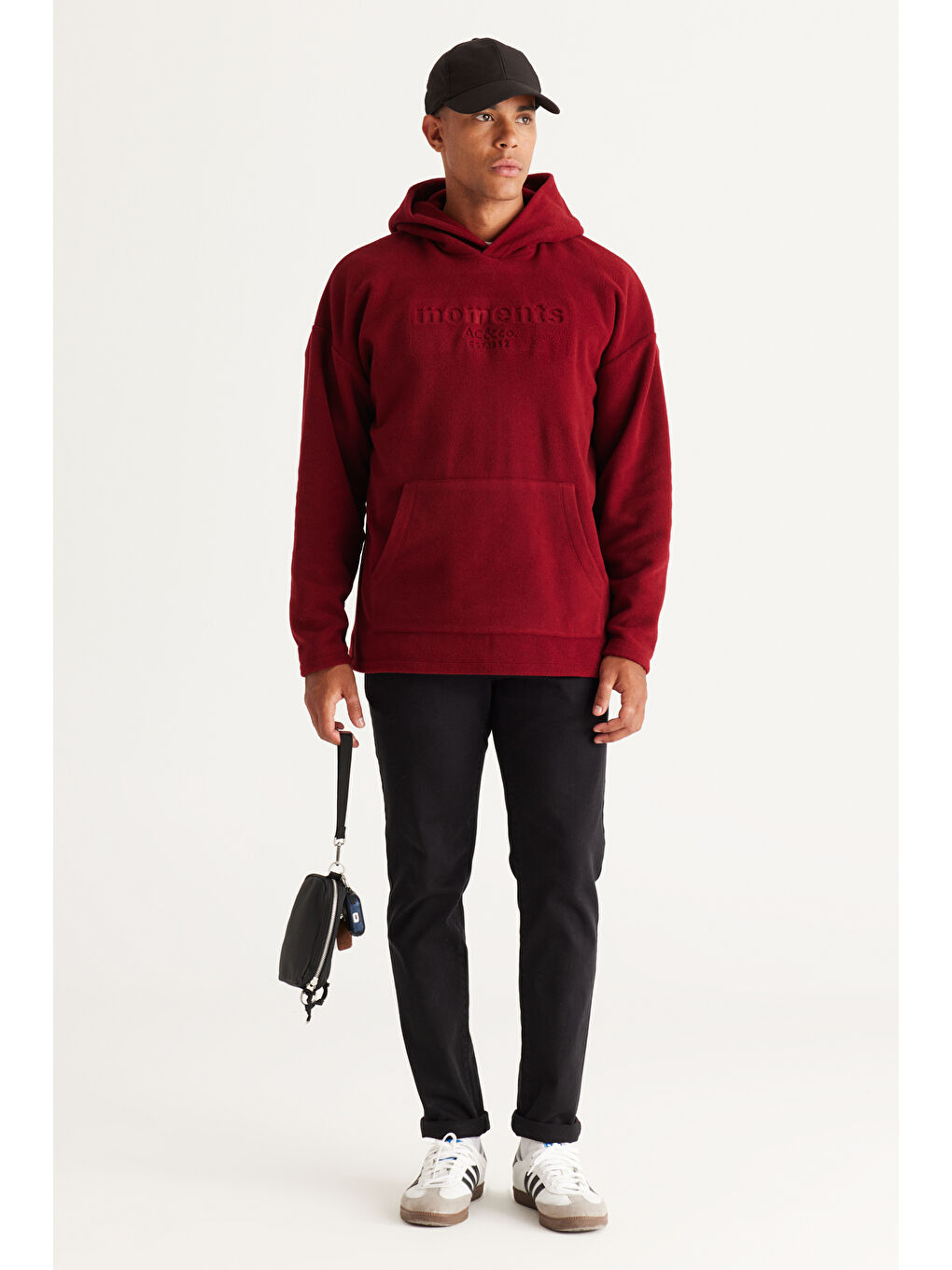 Erkek Bordo Oversize Bol Kesim Kapüşonlu Kanguru Cepli Sweatshirt Polar-4
