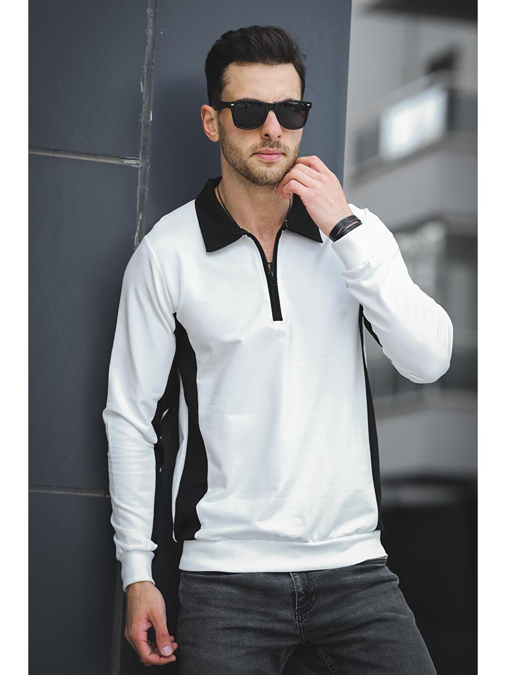 Beyaz Shibu Parçalı Yarım Fermuarlı Yakalı Erkek Sweatshirt