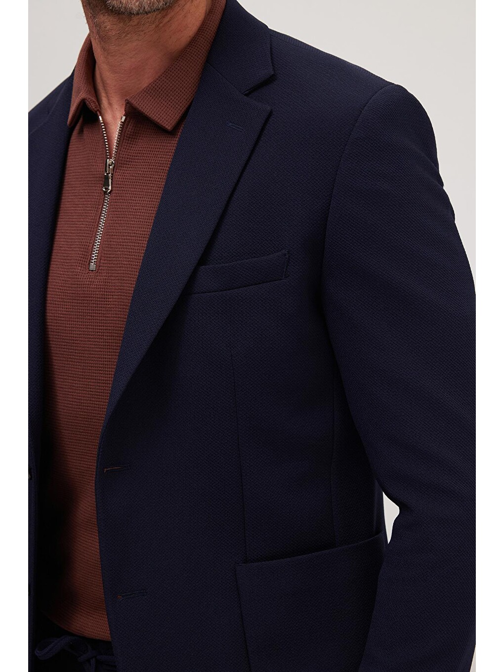 Erkek Regular Fit Lacivert Esnek Elastanlı Kumaş Mono Yaka Torba Cepli Takım Elbise-2