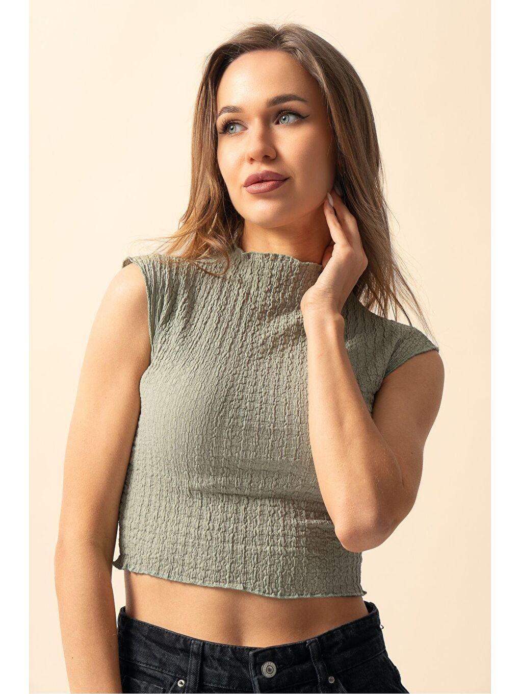 Yeşil Mint Kolsuz Gofre Kumaş Top