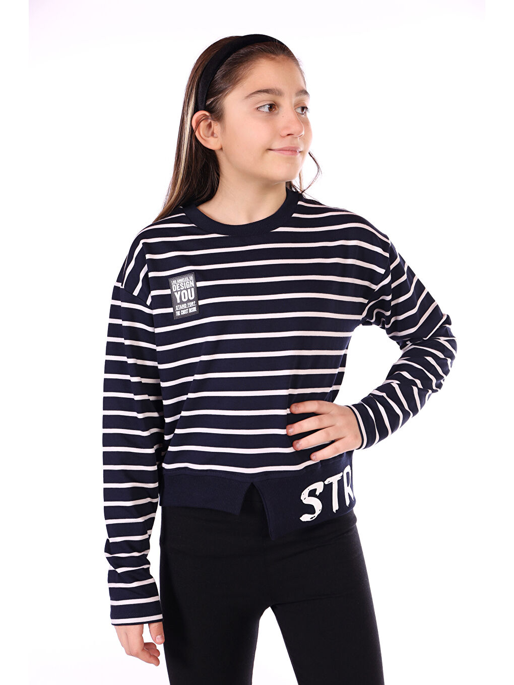 Lacivert Kız Çocuk Çizgili Striped Baskılı Sweatshirt-2