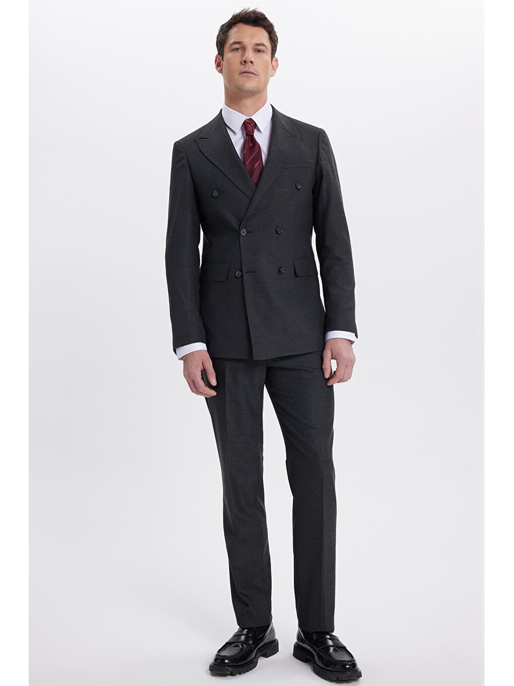 Erkek Slim Fit Sivri Yaka Çizgili Kapaklı Cepli Antrasit Takım Elbise