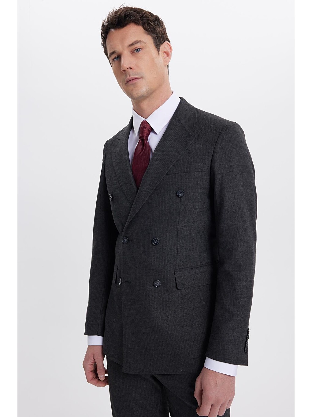 Erkek Slim Fit Sivri Yaka Çizgili Kapaklı Cepli Antrasit Takım Elbise-1