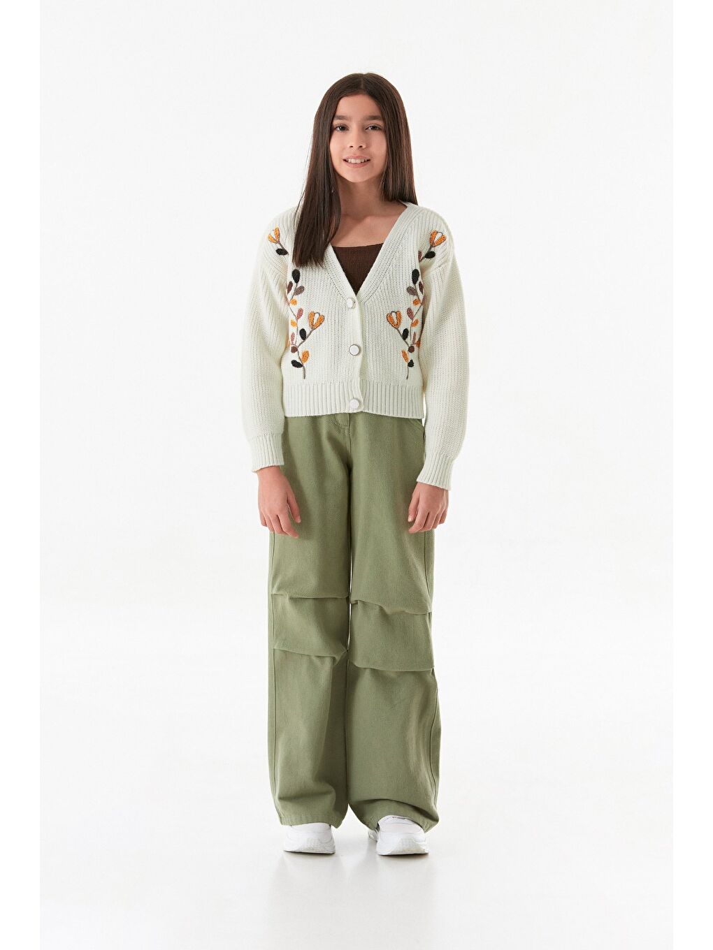 Haki %100 Pamuk Beli Lastikli Kız Çocuk Palazzo Pantolon