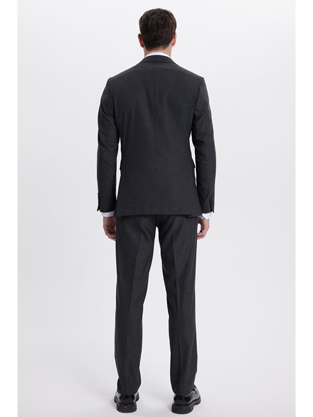 Erkek Slim Fit Sivri Yaka Çizgili Kapaklı Cepli Antrasit Takım Elbise-8