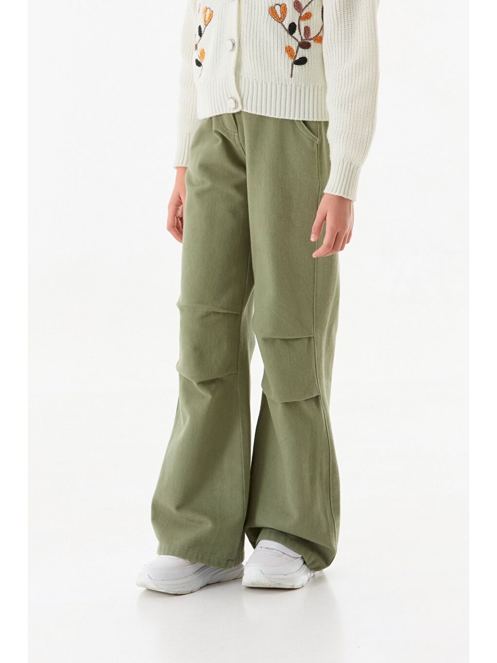 Haki %100 Pamuk Beli Lastikli Kız Çocuk Palazzo Pantolon-3