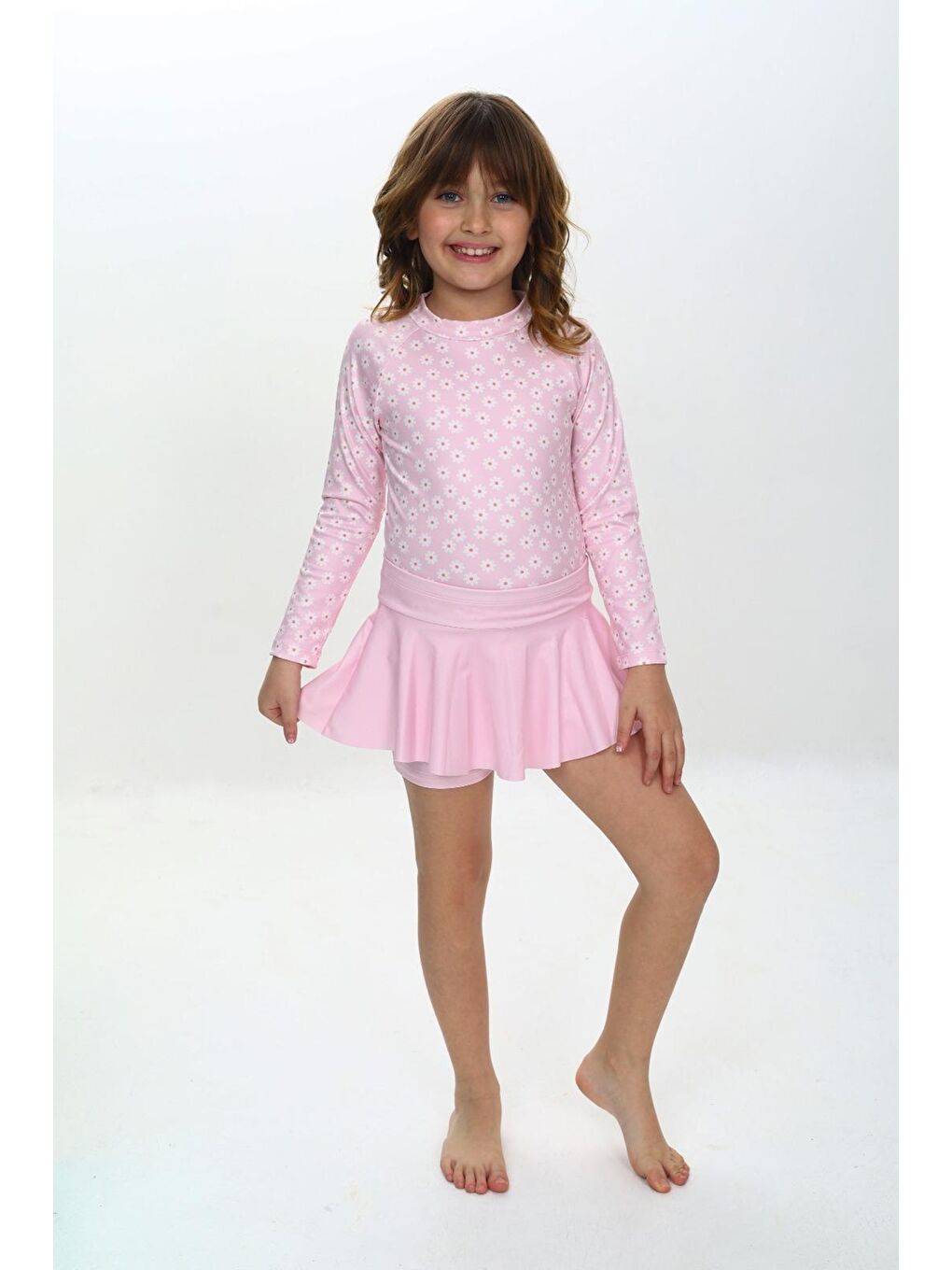 Pembe Kız Çocuk Şort Etekli Uzun Kollu Mayo Takımı 3-10 Yaş 12226