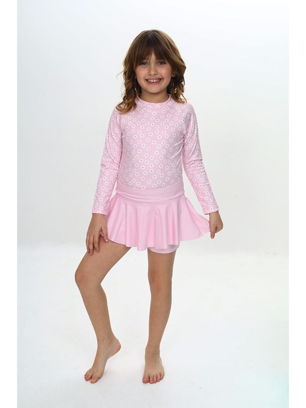 Pembe Kız Çocuk Şort Etekli Uzun Kollu Mayo Takımı 3-10 Yaş 12226-1