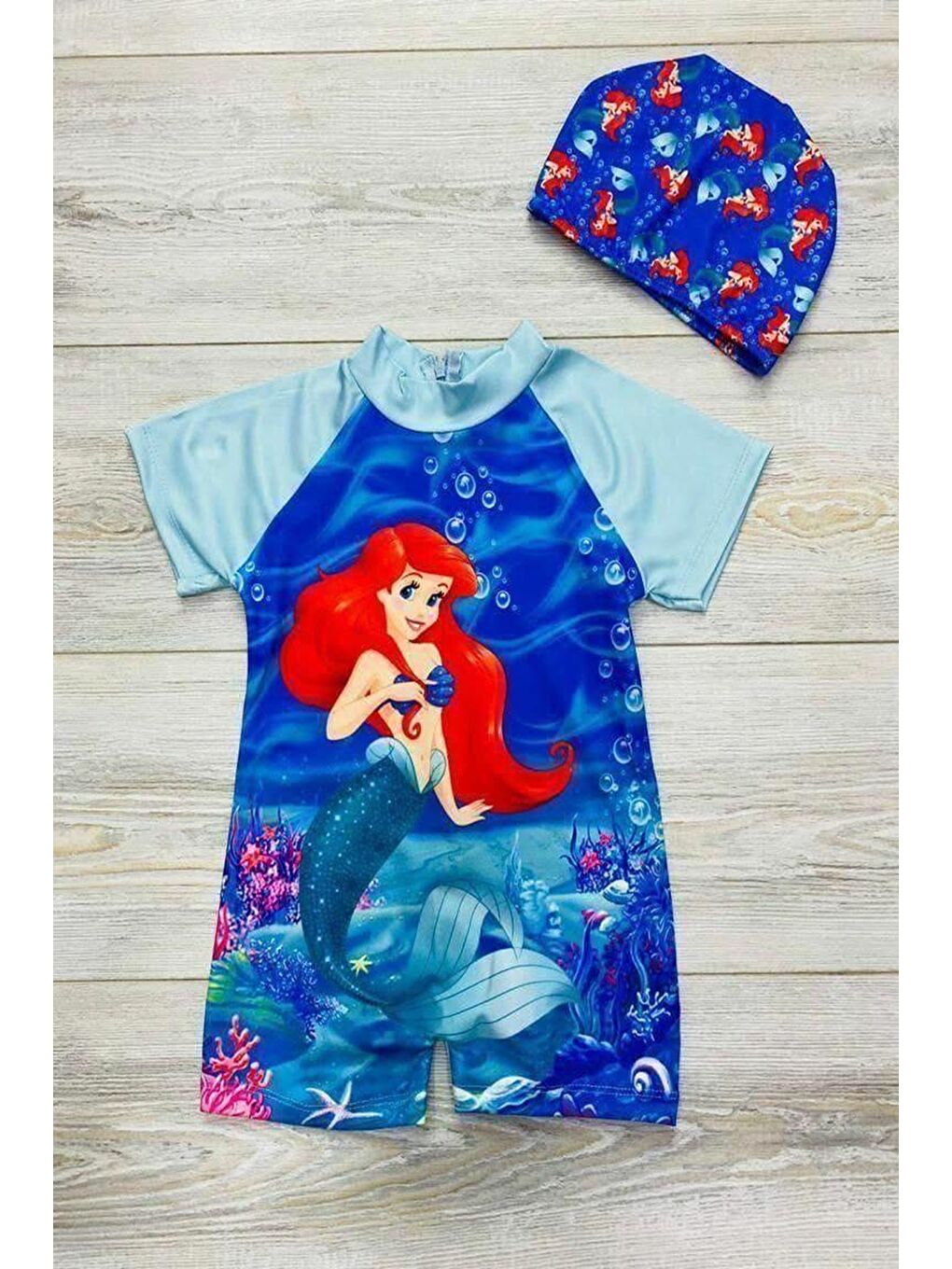 Mavi Kız Çocuk Yüzücü Şortlu ve Boneli Mayo Takımı 2-8 Yaş 12223