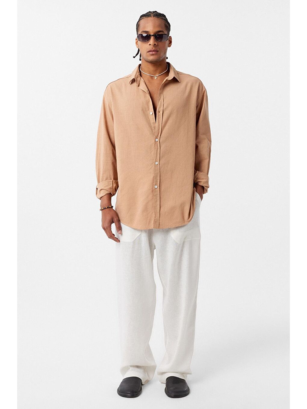 Kahverengi Basic Oversize Pamuk Keten Gömlek Camel