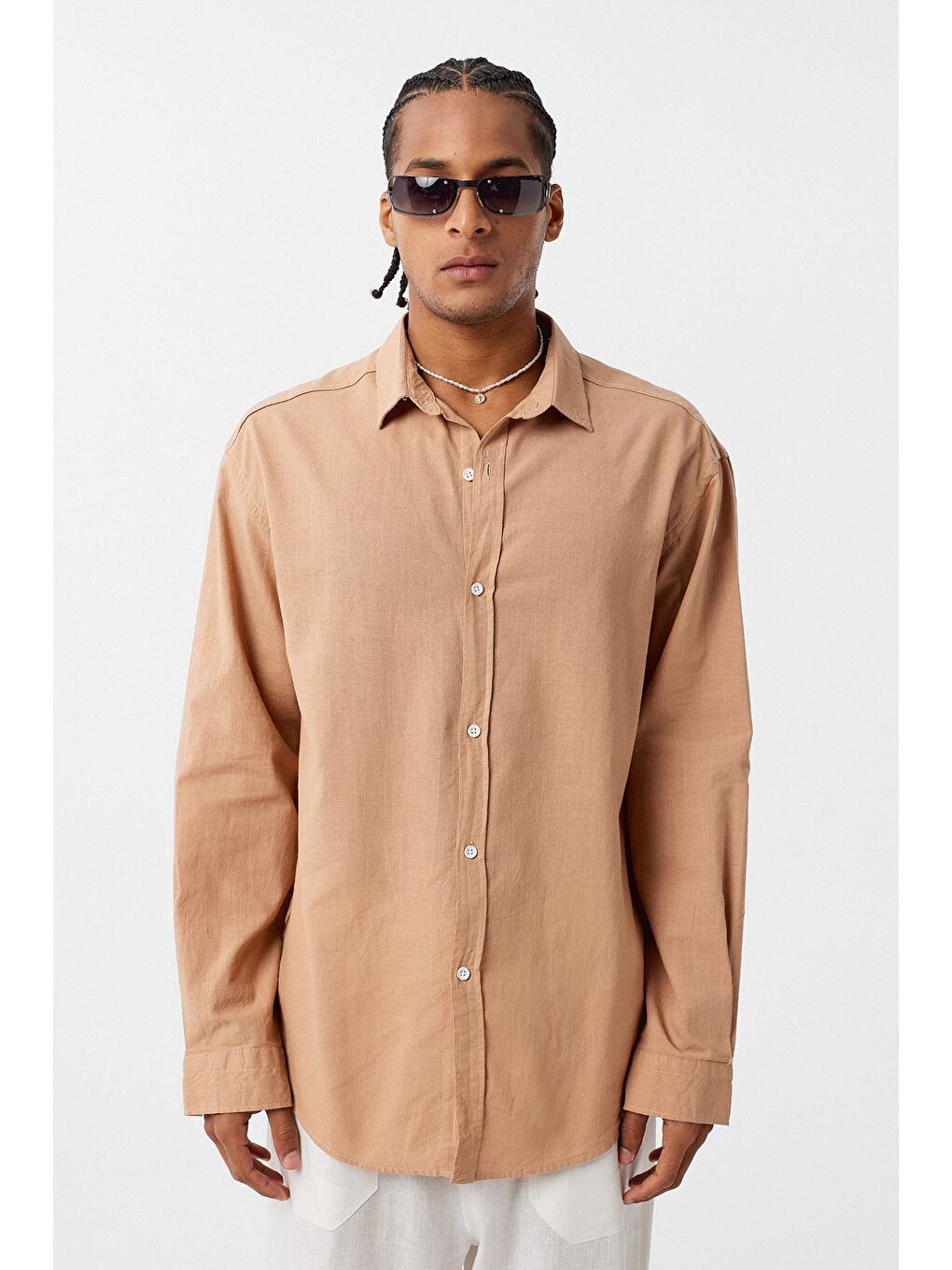 Kahverengi Basic Oversize Pamuk Keten Gömlek Camel-2