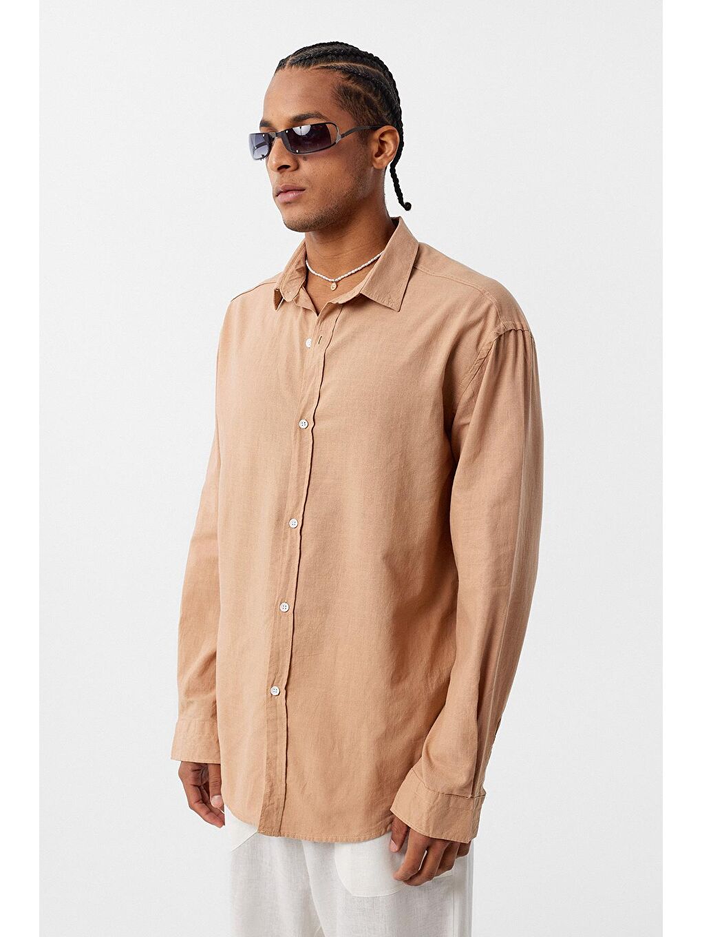 Kahverengi Basic Oversize Pamuk Keten Gömlek Camel-3