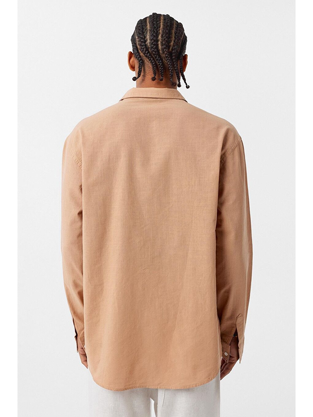 Kahverengi Basic Oversize Pamuk Keten Gömlek Camel-4