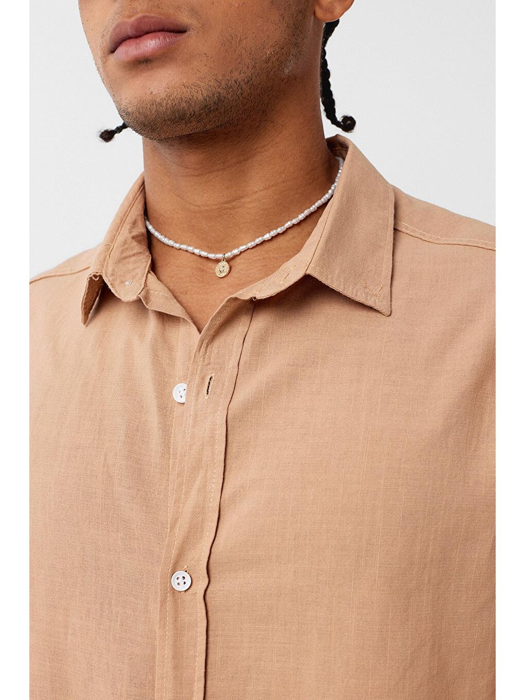 Kahverengi Basic Oversize Pamuk Keten Gömlek Camel-5