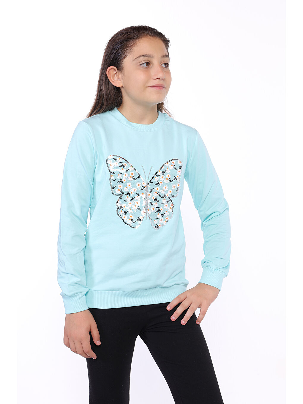 Toontoykids Mint Yeşil Kız Çocuk Kelebek İşlemeli Sweatshirt