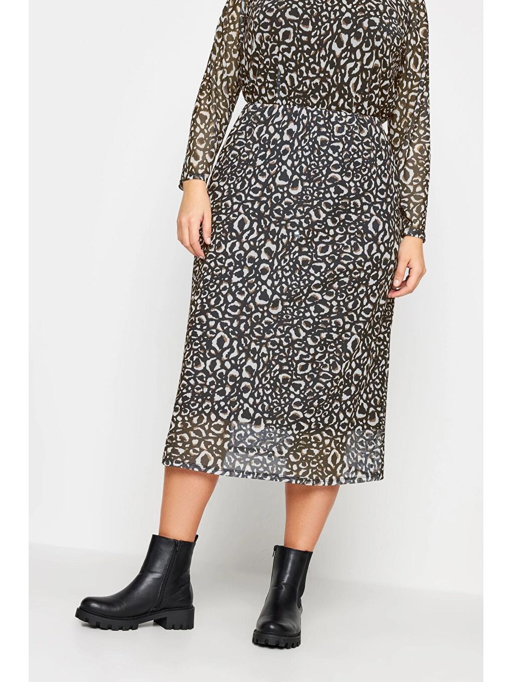 Karışık Büyük Beden Leopar Desenli Midi Boy İçi Astarlı Etek 302699-3