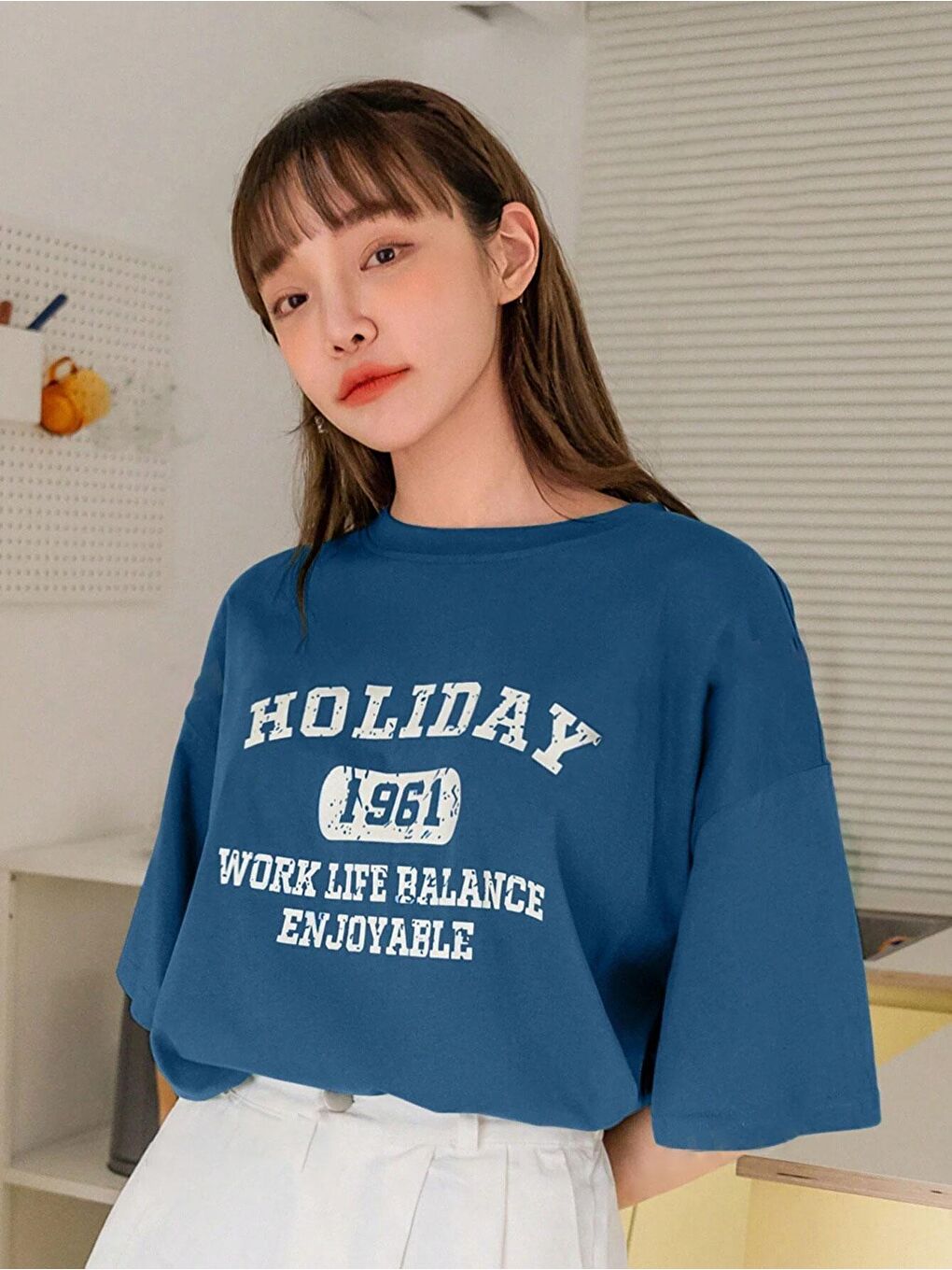 Trendseninle Mavi Kadın Turkuaz Mavisi Holiday 1961 Baskılı Oversize T-shirt - 3