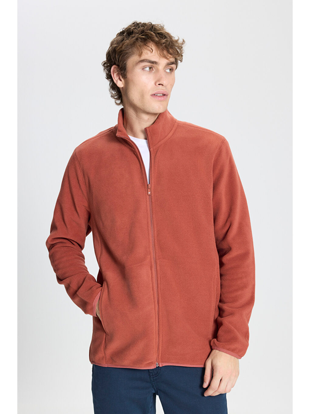 Kahverengi Erkek Açık Kahve Anti-Pilling Tüylenme Yapmayan Standart Fit Bato Yaka Sweatshirt Polar Ceket