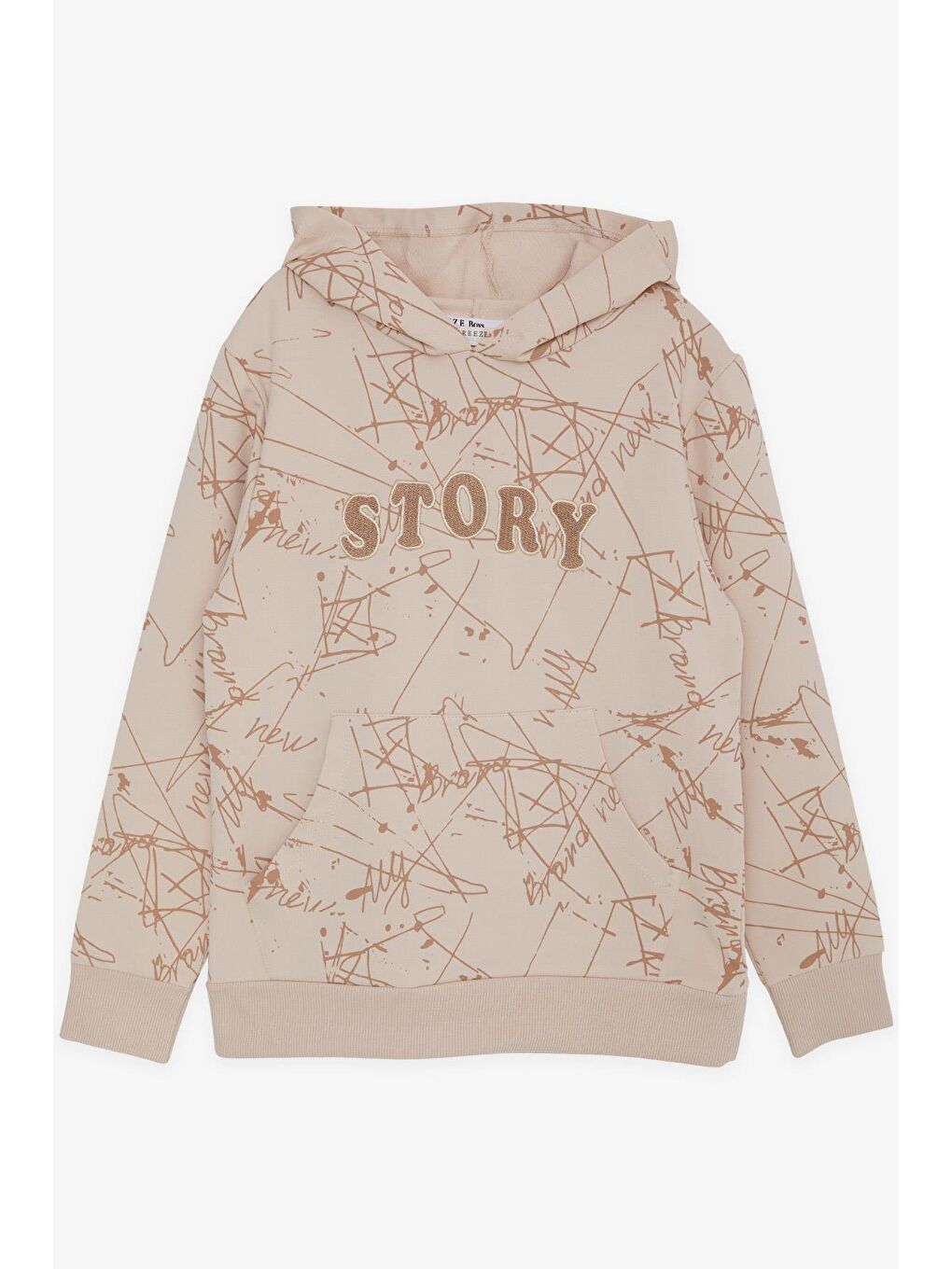 Erkek Çocuk Sweatshirt Kanguru Cepli Kapüşonlu Yazı Nakışlı Bej (8-12 Yaş)