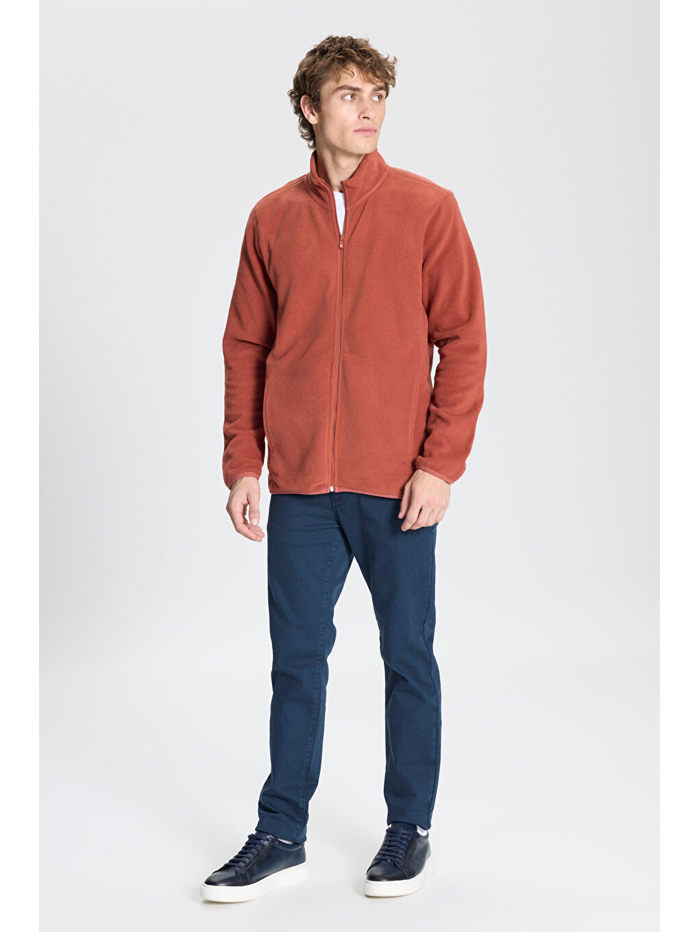 Kahverengi Erkek Açık Kahve Anti-Pilling Tüylenme Yapmayan Standart Fit Bato Yaka Sweatshirt Polar Ceket-1