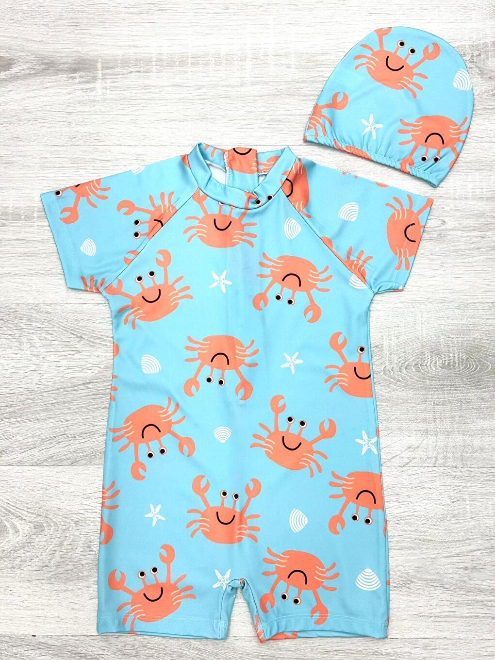 Turkuaz Erkek Çocuk Boneli Mayo Takımı (Tulum Mayo+Bone) 2-8 Yaş 12219