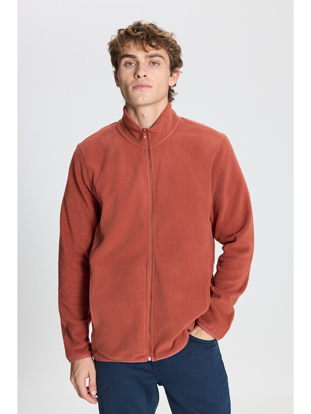Kahverengi Erkek Açık Kahve Anti-Pilling Tüylenme Yapmayan Standart Fit Bato Yaka Sweatshirt Polar Ceket-2