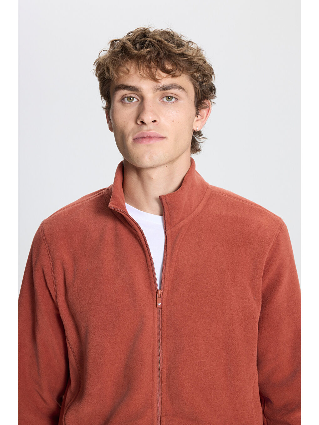 Kahverengi Erkek Açık Kahve Anti-Pilling Tüylenme Yapmayan Standart Fit Bato Yaka Sweatshirt Polar Ceket-3