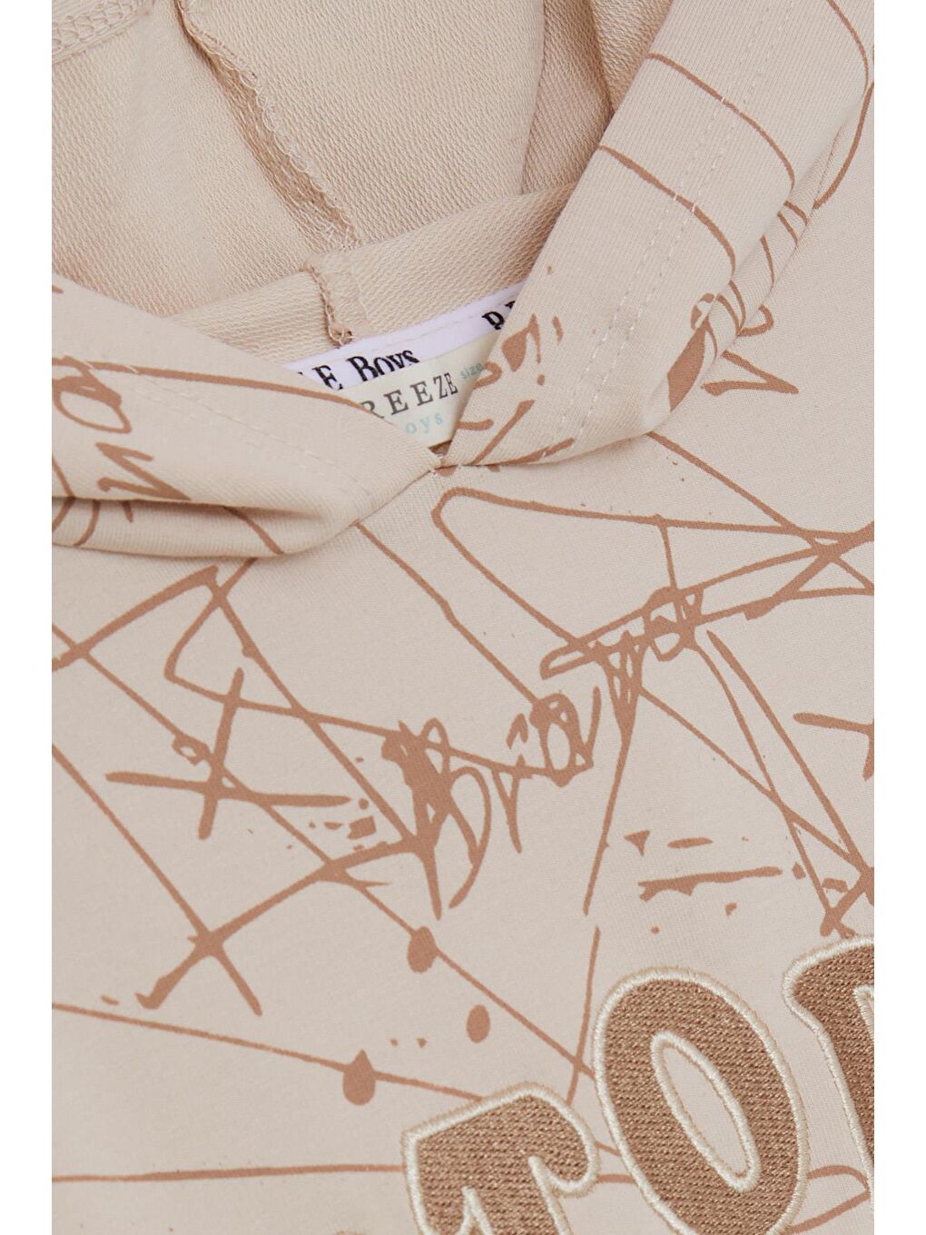 Erkek Çocuk Sweatshirt Kanguru Cepli Kapüşonlu Yazı Nakışlı Bej (8-12 Yaş)-2