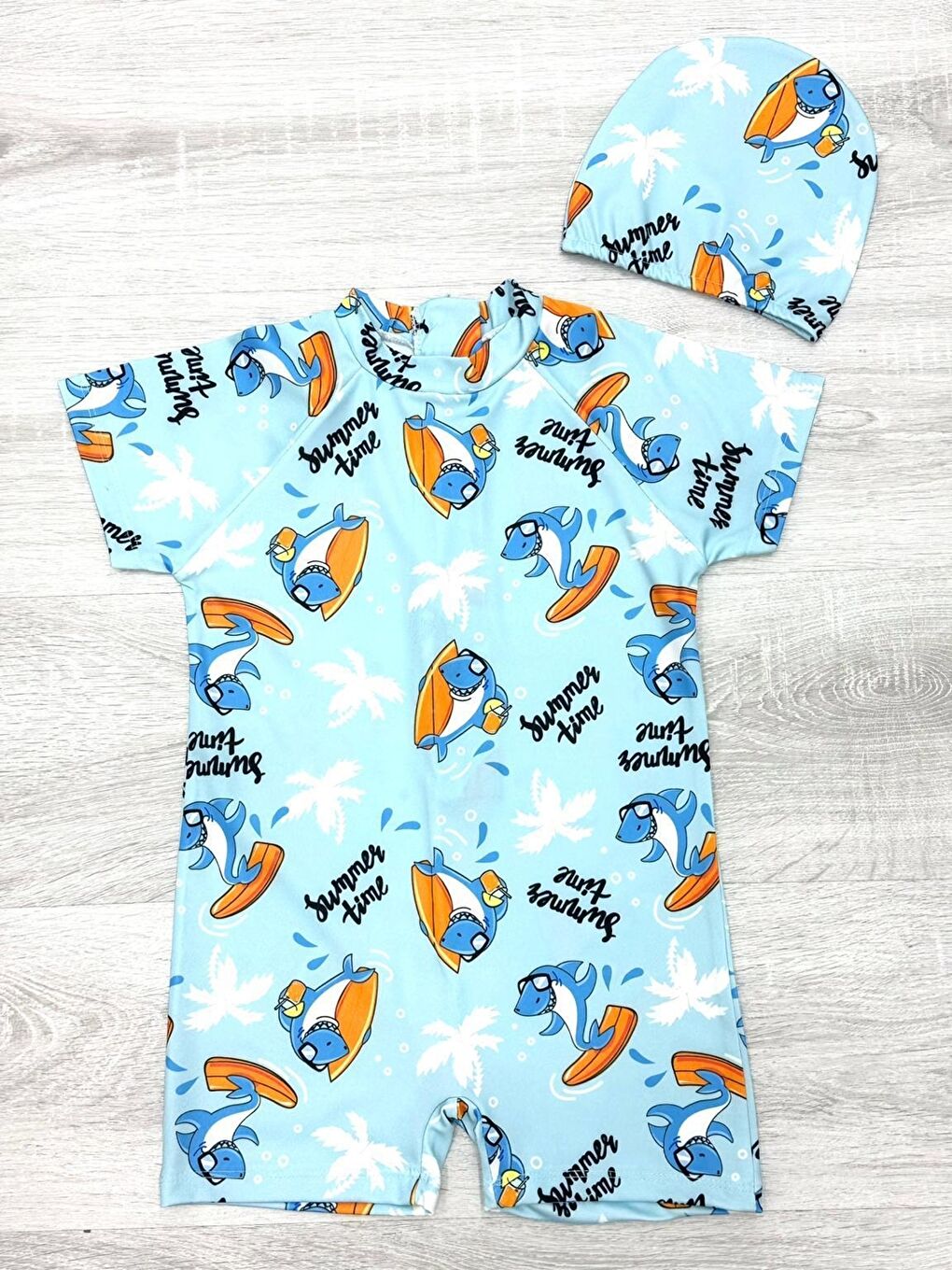 Mavi Erkek Çocuk Boneli Mayo Takımı (Tulum Mayo+Bone) 2-8 Yaş 12219