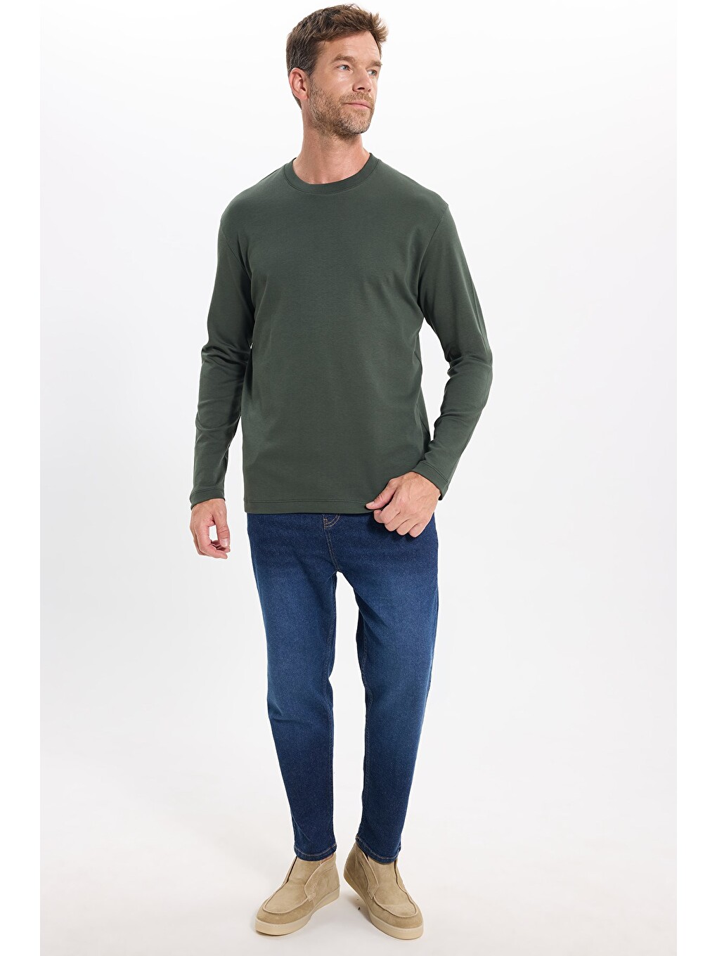 Unisex Relax Fit Rahat Kesim %100 Pamuk Uzun Kollu Bisiklet Yaka Yeşil Basic Tişört-1