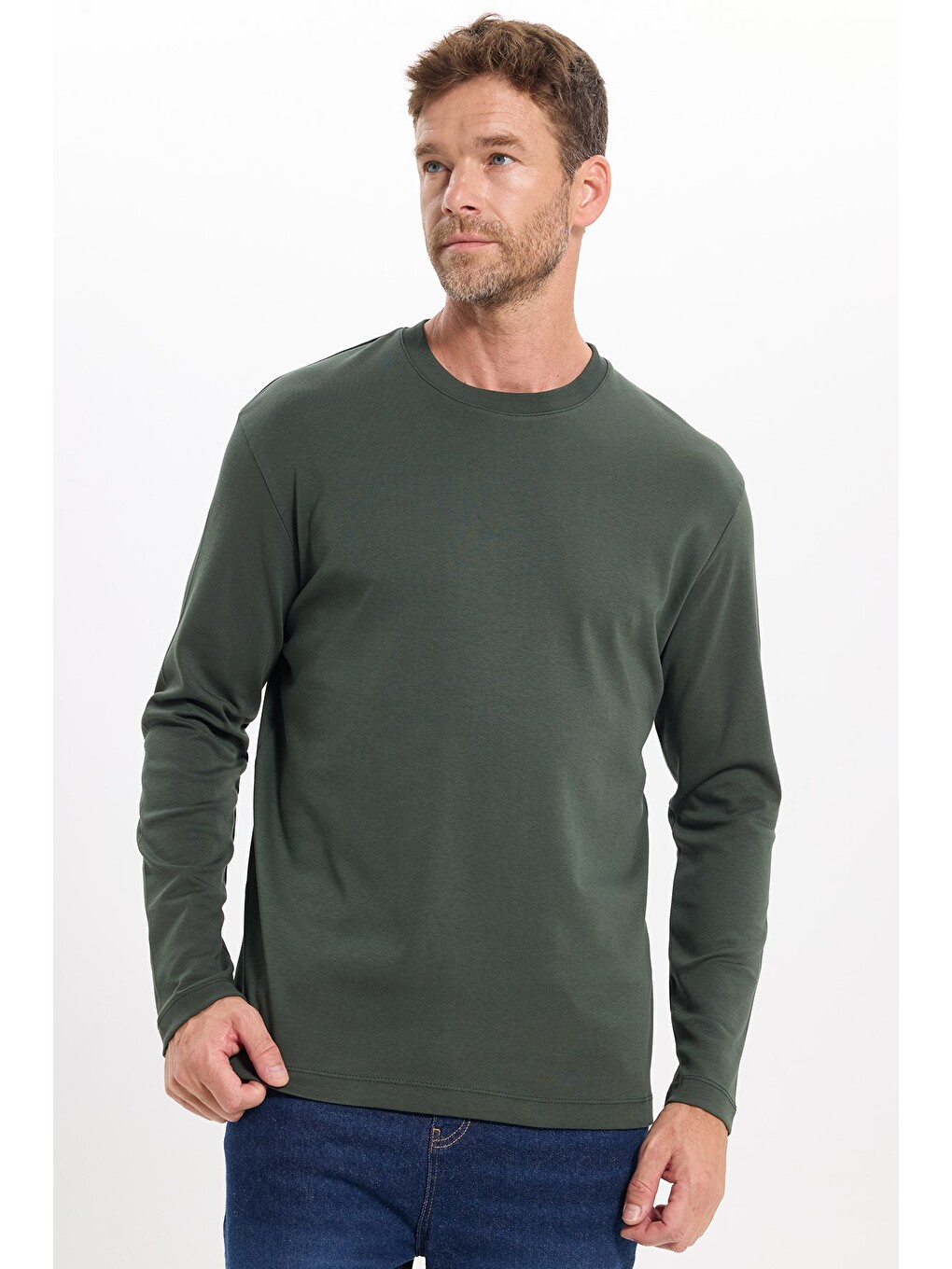 Unisex Relax Fit Rahat Kesim %100 Pamuk Uzun Kollu Bisiklet Yaka Yeşil Basic Tişört-2