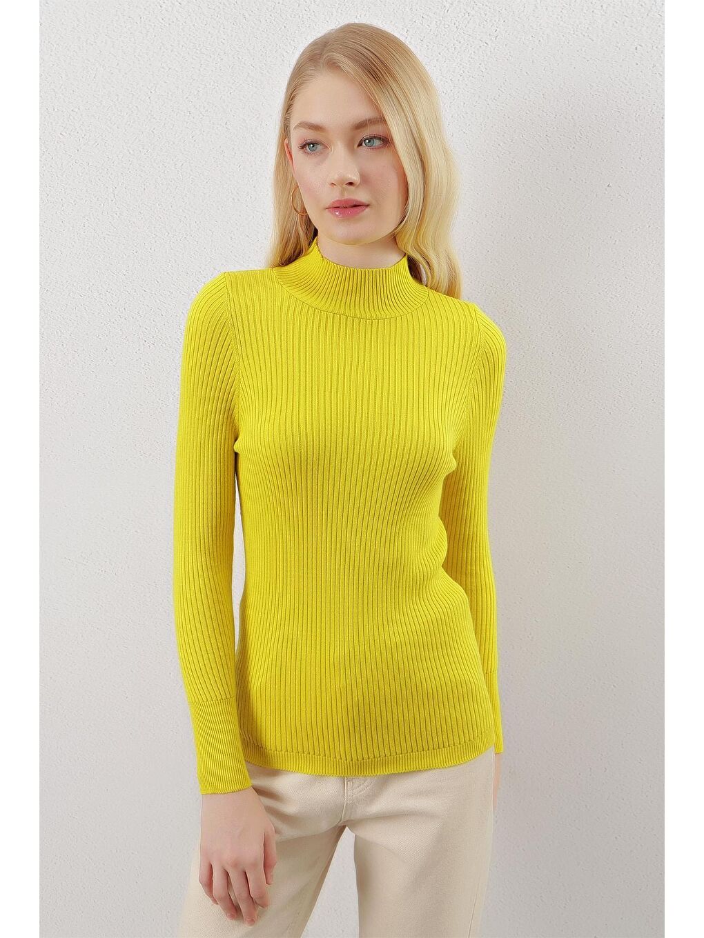 Yağ Yeşili Yarım Balıkçı Yaka Fitilli Basic Body Triko Kazak-3